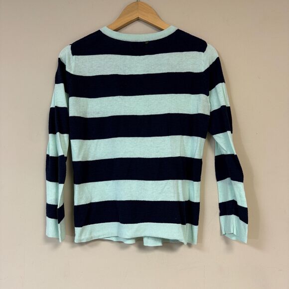 Merona Striped Cardigan Sweater Womens L Navy Green Long Sleeve Button Up - Picture 2 of 7